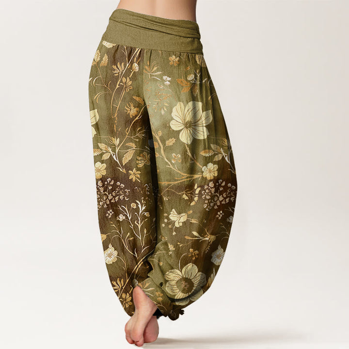 Buddha Stones、白い花、曲がりくねった蔓模様デザイン、レディース 伸縮性ウエスト ハーレムパンツ - image 6