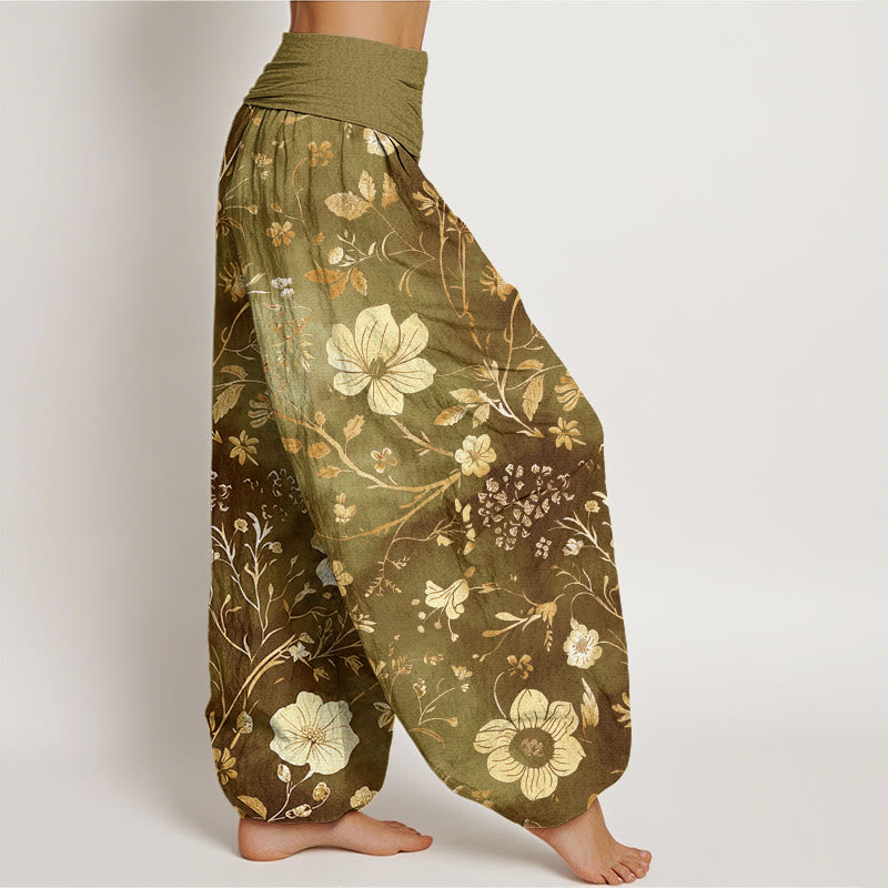 Buddha Stones、白い花、曲がりくねった蔓模様デザイン、レディース 伸縮性ウエスト ハーレムパンツ - image 7