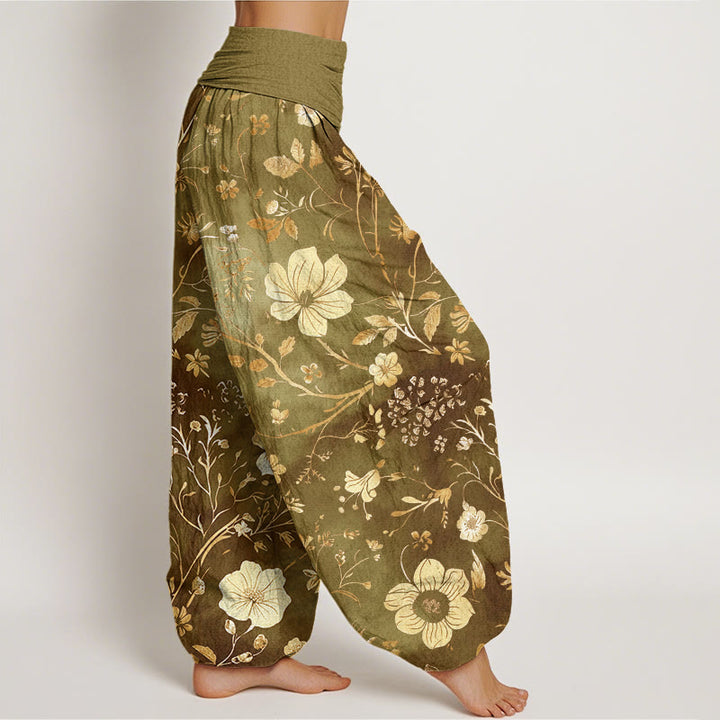 Buddha Stones、白い花、曲がりくねった蔓模様デザイン、レディース 伸縮性ウエスト ハーレムパンツ - image 7