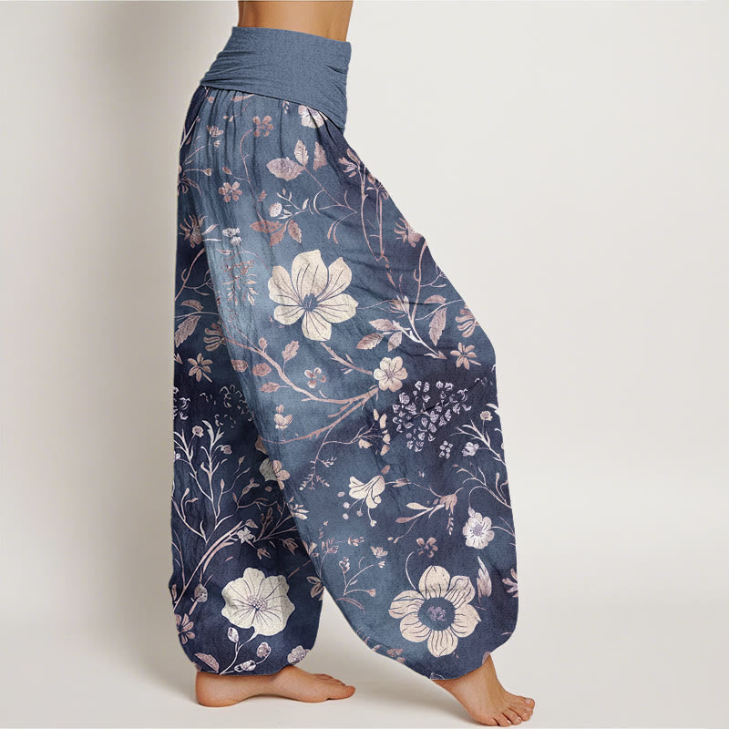 Buddha Stones、白い花、曲がりくねった蔓模様デザイン、レディース 伸縮性ウエスト ハーレムパンツ - image 10