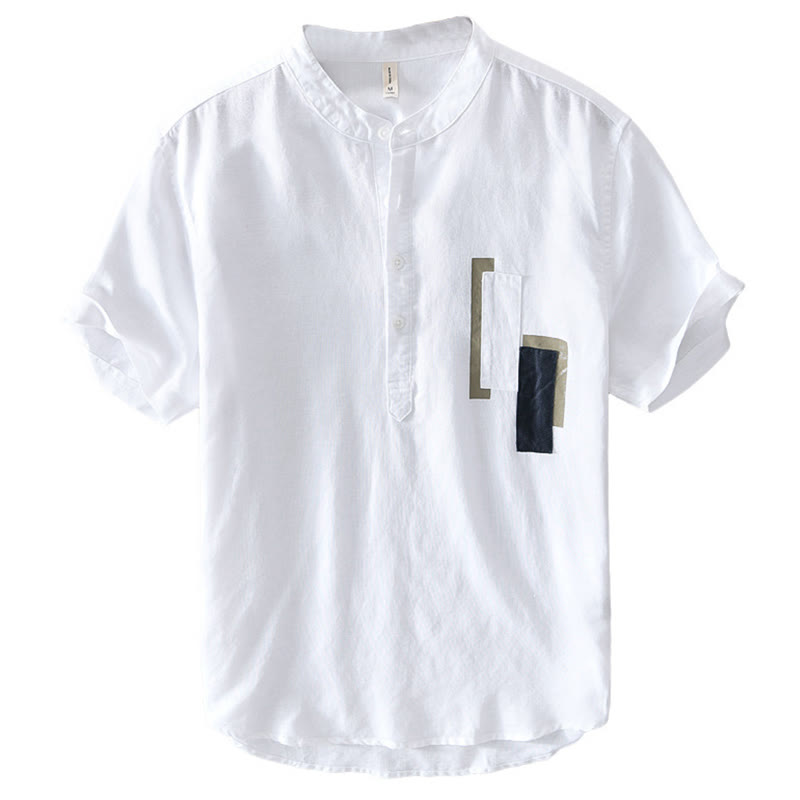 Buddha Stonesデイリー 無地 パッチ カラーマッチングデザイン メンズ 半袖 コットンリネン シャツ - image 3