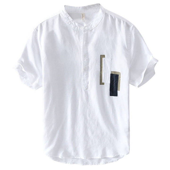 Buddha Stonesデイリー 無地 パッチ カラーマッチングデザイン メンズ 半袖 コットンリネン シャツ - image 3