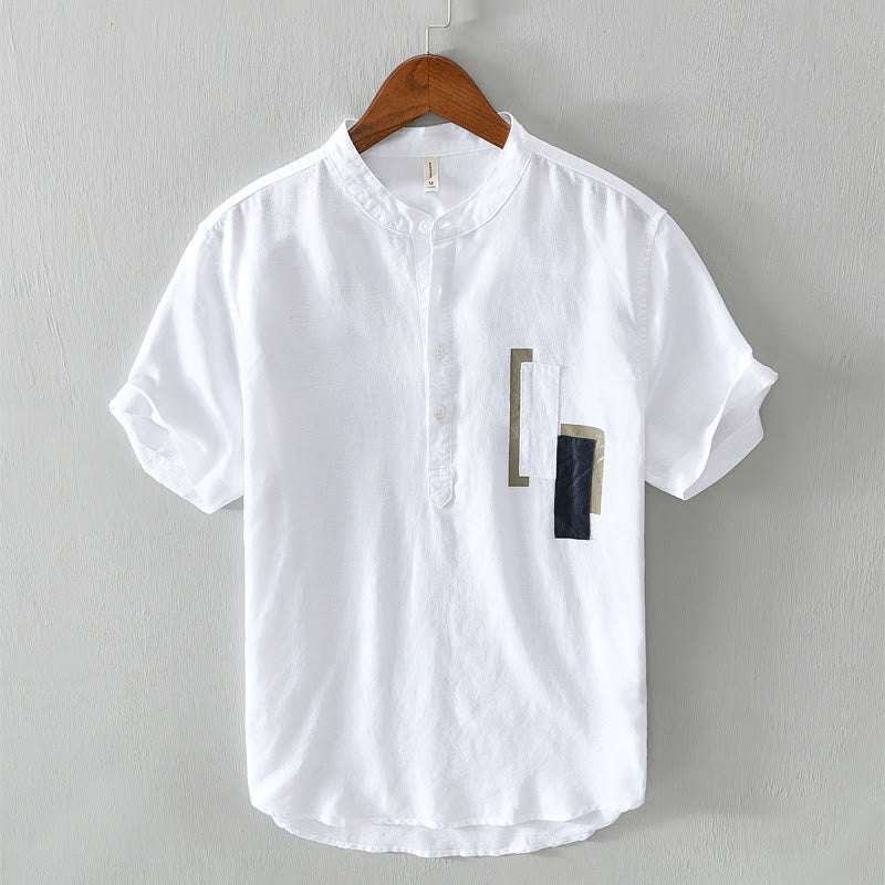 Buddha Stonesデイリー 無地 パッチ カラーマッチングデザイン メンズ 半袖 コットンリネン シャツ - 白 - US/UK/AU42、 EU52 (3XL) - image 1