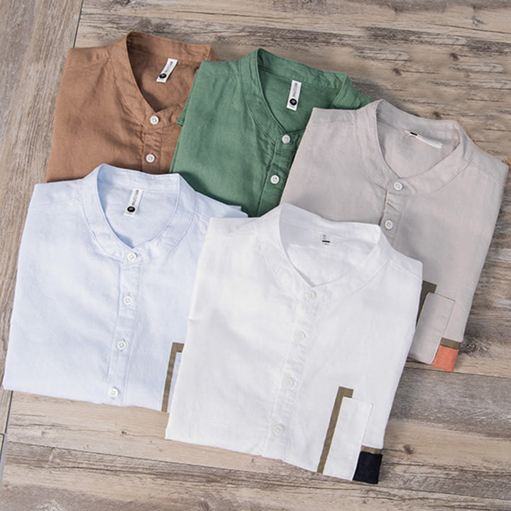 Buddha Stonesデイリー 無地 パッチ カラーマッチングデザイン メンズ 半袖 コットンリネン シャツ - image 17