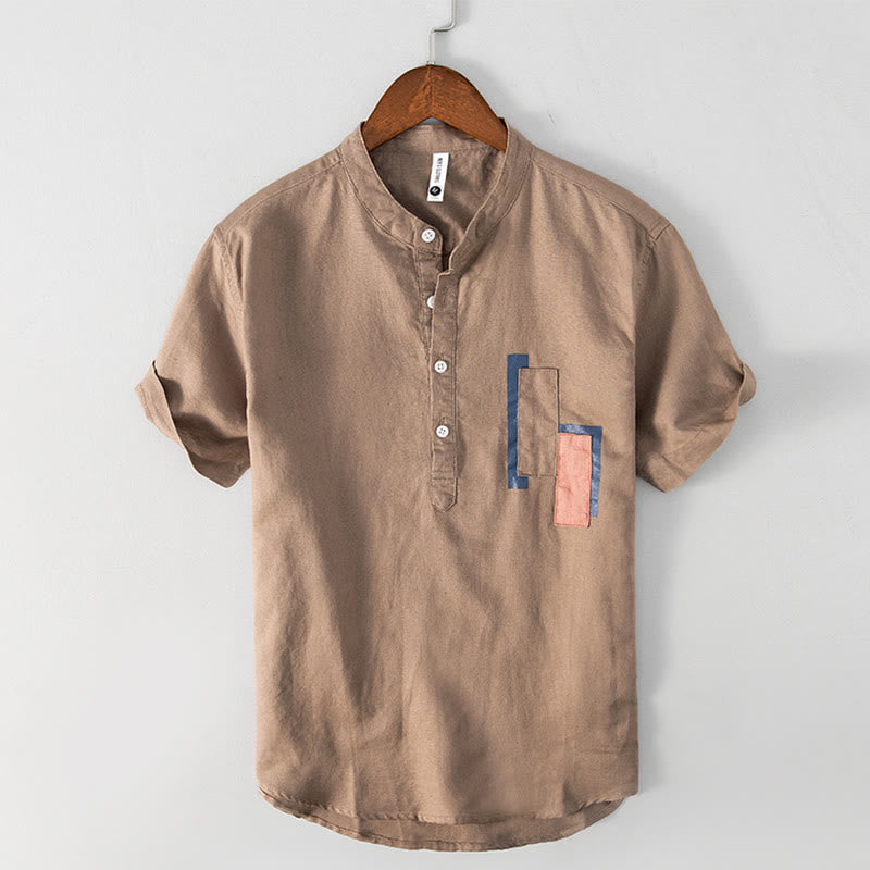 Buddha Stonesデイリー 無地 パッチ カラーマッチングデザイン メンズ 半袖 コットンリネン シャツ - ペルー - US/UK/AU42、 EU52 (3XL) - image 9