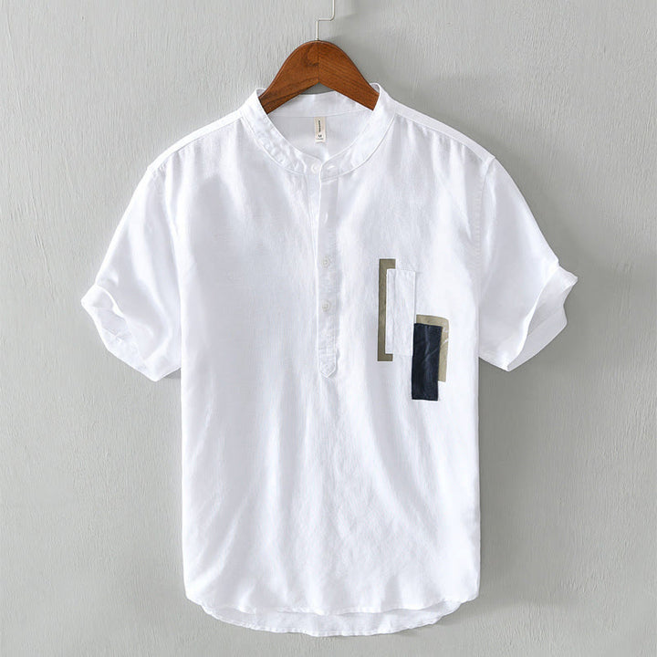 Buddha Stonesデイリー 無地 パッチ カラーマッチングデザイン メンズ 半袖 コットンリネン シャツ - 白 - US/UK/AU42、 EU52 (3XL) - image 1