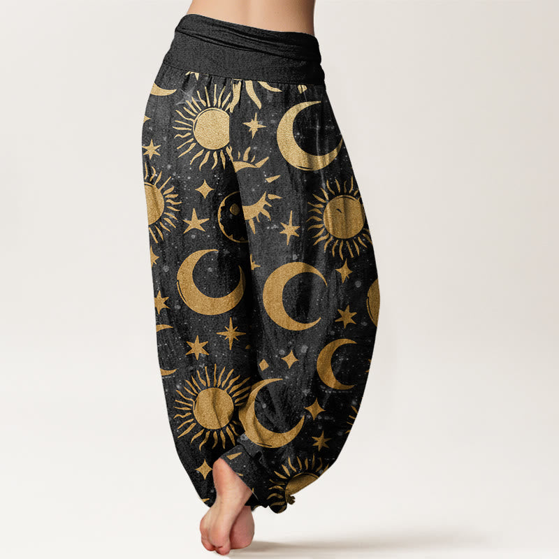 Buddha Stones、三日月、太陽、星柄デザイン レディース 伸縮性ウエスト ハーレムパンツ - image 2