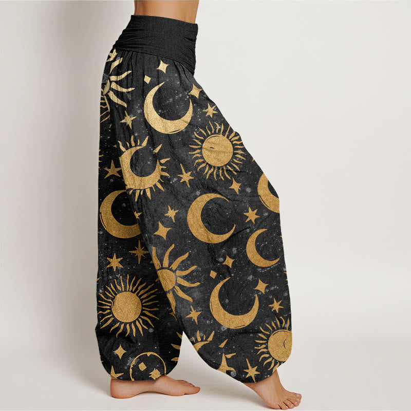 Buddha Stones、三日月、太陽、星柄デザイン レディース 伸縮性ウエスト ハーレムパンツ - image 3
