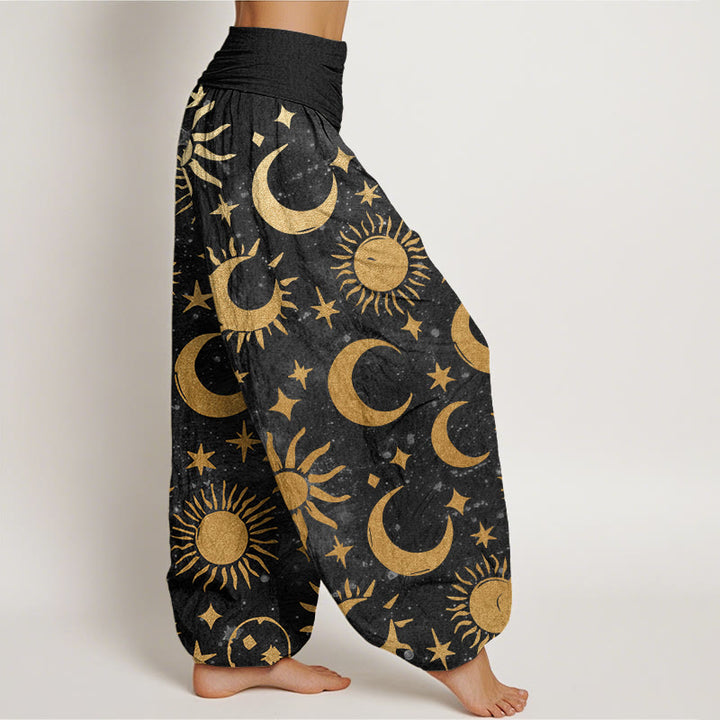 Buddha Stones、三日月、太陽、星柄デザイン レディース 伸縮性ウエスト ハーレムパンツ - image 3