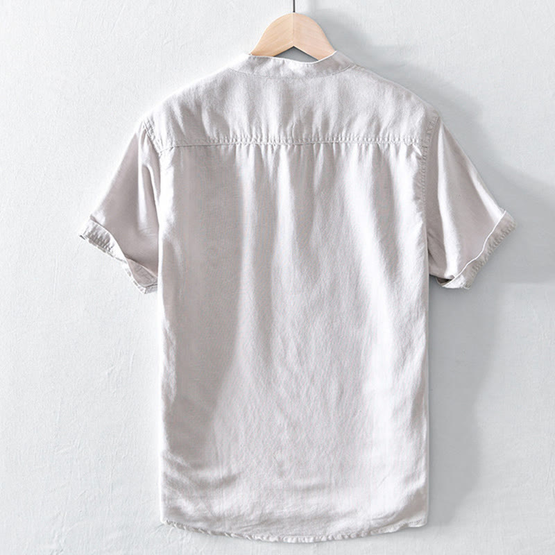 Buddha Stones無地ハーフボタンデザインスタンドカラーメンズ半袖コットンリネンシャツ - image 1