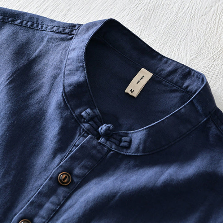 Buddha Stones無地ハーフボタンデザインスタンドカラーメンズ半袖コットンリネンシャツ - image 11