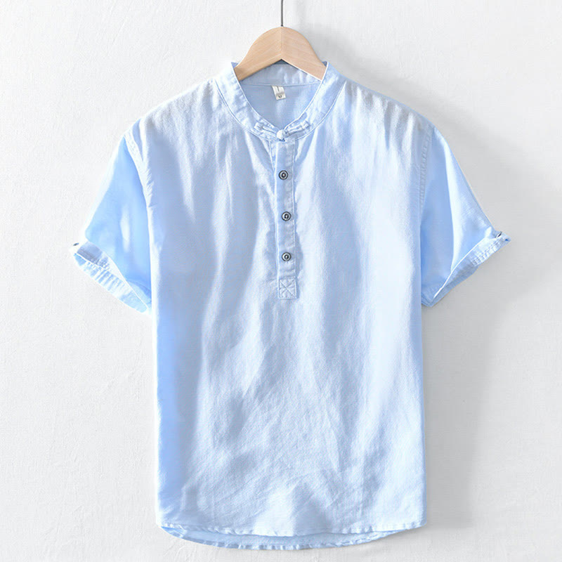 Buddha Stones無地ハーフボタンデザインスタンドカラーメンズ半袖コットンリネンシャツ - ライトシアン - US/UK/AU46、 EU56 (5XL) - image 18