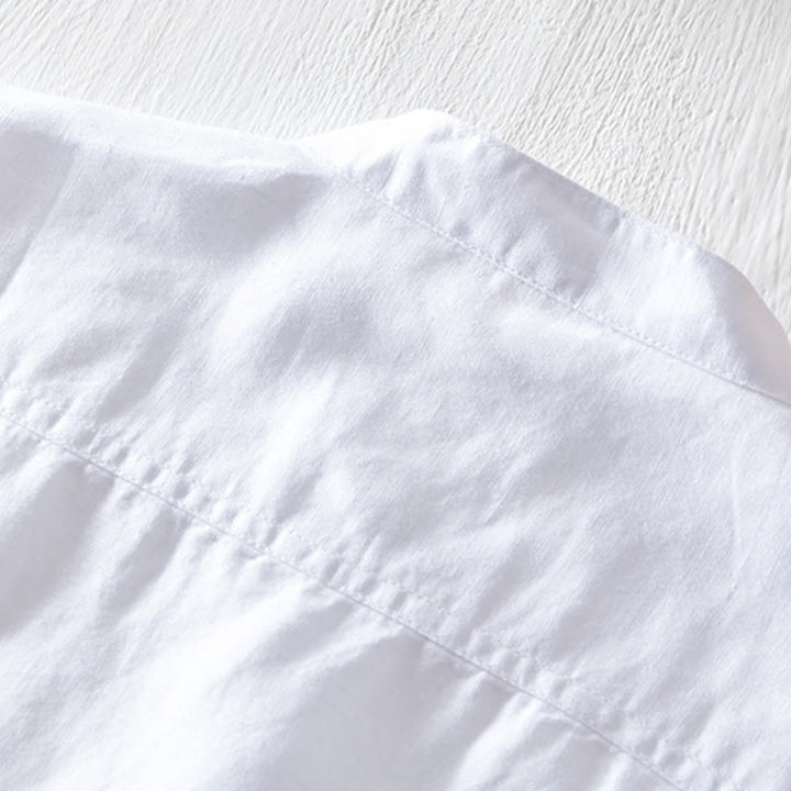 Buddha Stones無地ハーフボタンデザインスタンドカラーメンズ半袖コットンリネンシャツ - image 7