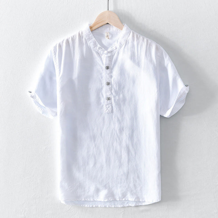 Buddha Stones無地ハーフボタンデザインスタンドカラーメンズ半袖コットンリネンシャツ - 白 - US/UK/AU46、 EU56 (5XL) - image 5