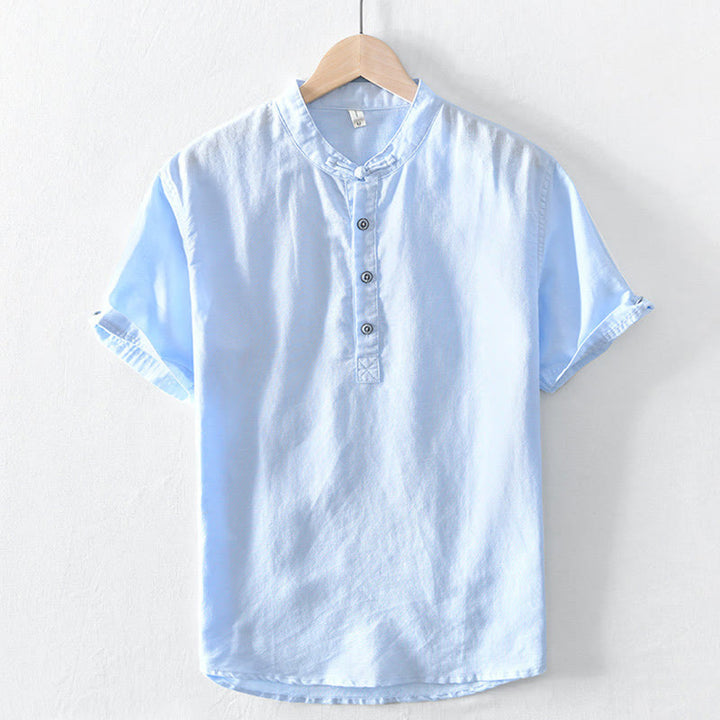 Buddha Stones無地ハーフボタンデザインスタンドカラーメンズ半袖コットンリネンシャツ - ライトシアン - US/UK/AU46、 EU56 (5XL) - image 18