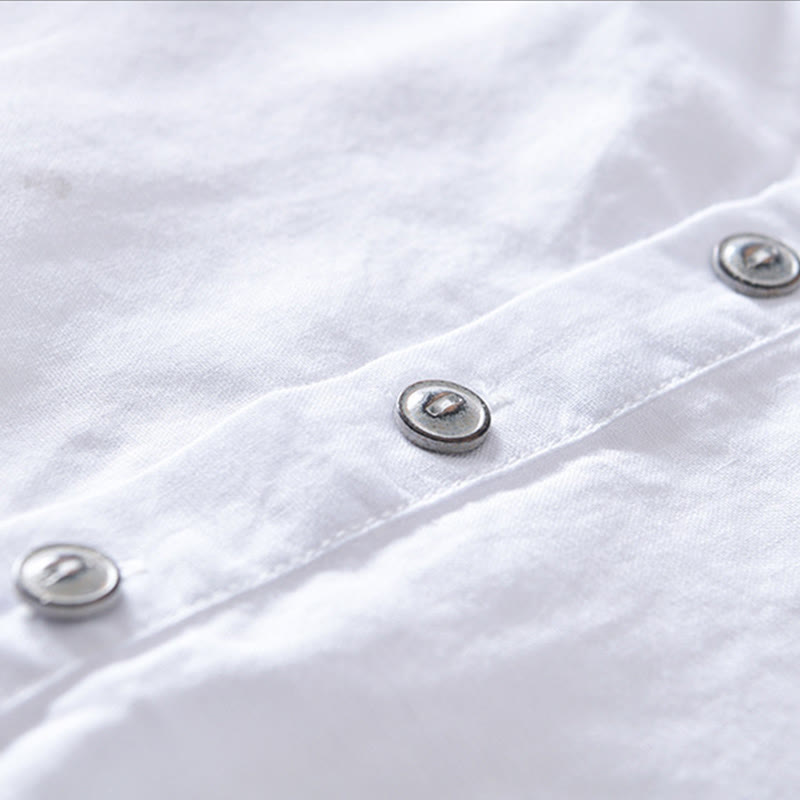 Buddha Stones無地ハーフボタンデザインスタンドカラーメンズ半袖コットンリネンシャツ - image 8