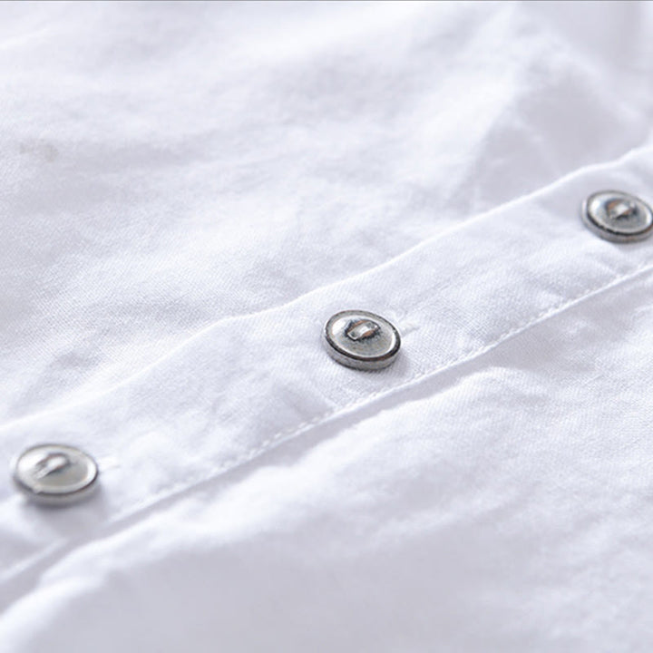 Buddha Stones無地ハーフボタンデザインスタンドカラーメンズ半袖コットンリネンシャツ - image 8