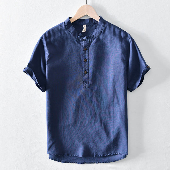 Buddha Stones無地ハーフボタンデザインスタンドカラーメンズ半袖コットンリネンシャツ - 海軍 - US/UK/AU46、 EU56 (5XL) - image 10