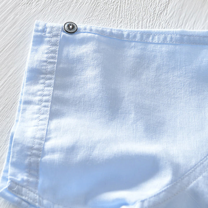 Buddha Stones無地ハーフボタンデザインスタンドカラーメンズ半袖コットンリネンシャツ - image 21