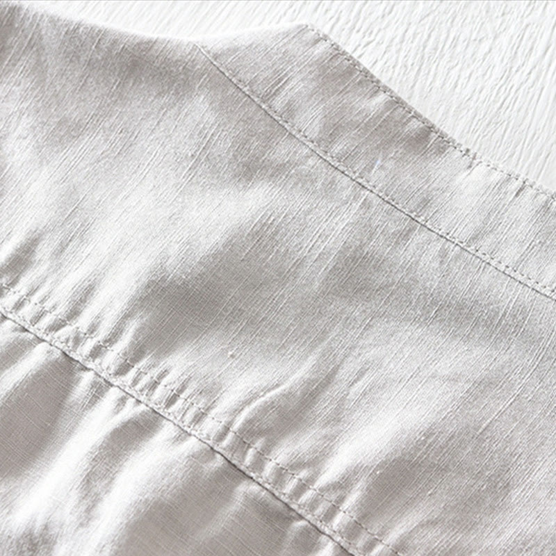 Buddha Stones無地ハーフボタンデザインスタンドカラーメンズ半袖コットンリネンシャツ - image 3