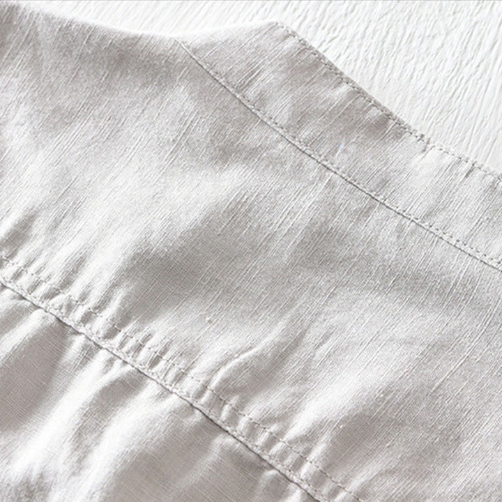 Buddha Stones無地ハーフボタンデザインスタンドカラーメンズ半袖コットンリネンシャツ - image 3