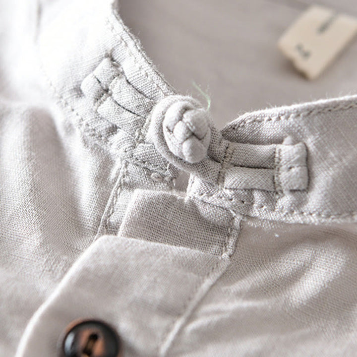 Buddha Stones無地ハーフボタンデザインスタンドカラーメンズ半袖コットンリネンシャツ - image 4