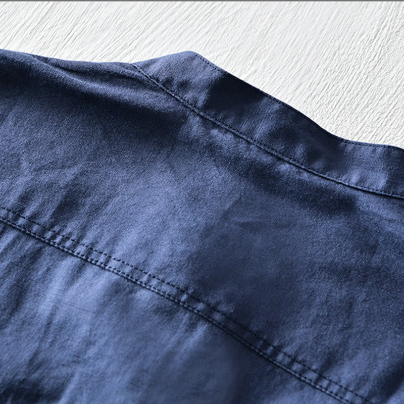 Buddha Stones無地ハーフボタンデザインスタンドカラーメンズ半袖コットンリネンシャツ - image 12