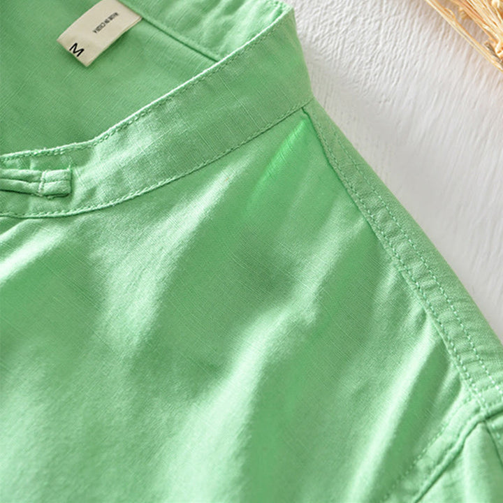 Buddha Stones無地ハーフボタンデザインスタンドカラーメンズ半袖コットンリネンシャツ - image 17