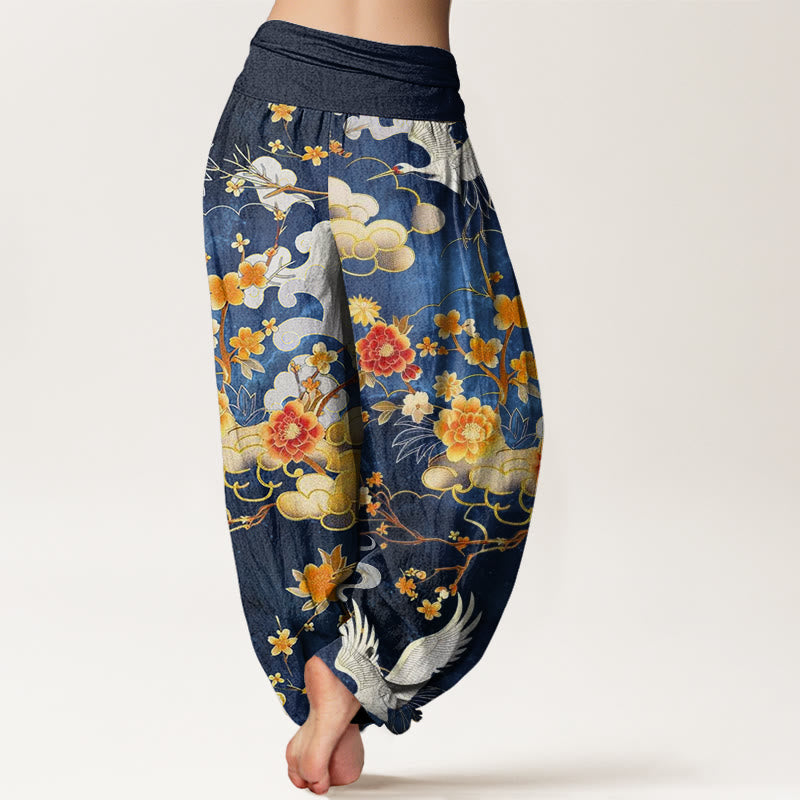 Buddha Stones、吉兆の雲、白鶴、赤花柄デザイン レディース ウエストゴム ハーレムパンツ - image 2