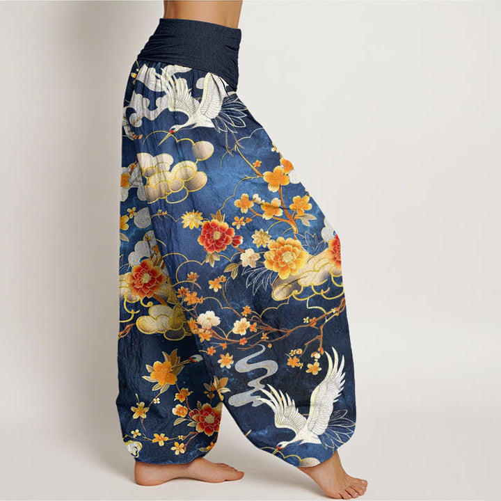 Buddha Stones、吉兆の雲、白鶴、赤花柄デザイン レディース ウエストゴム ハーレムパンツ - image 3