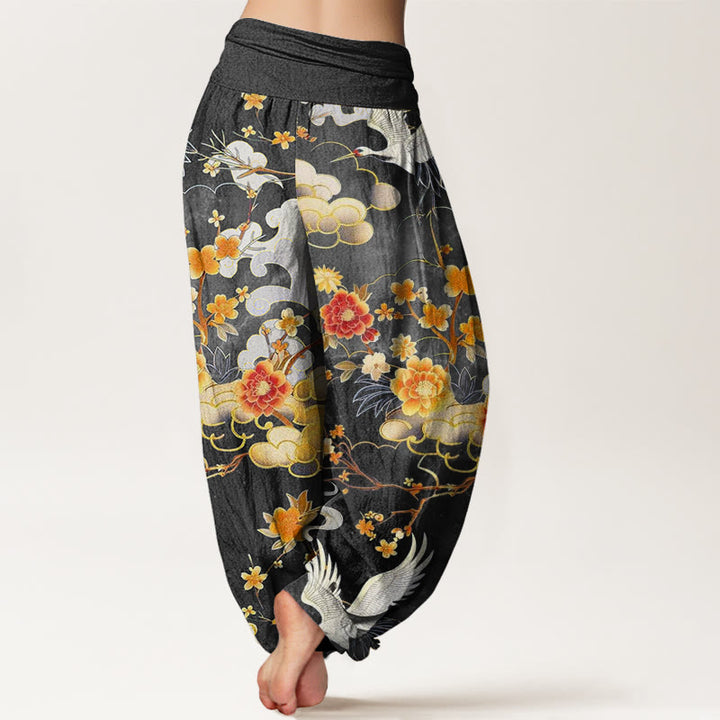 Buddha Stones、吉兆の雲、白鶴、赤花柄デザイン レディース ウエストゴム ハーレムパンツ - image 6