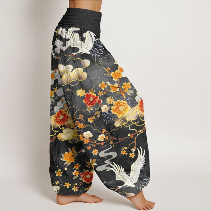 Buddha Stones、吉兆の雲、白鶴、赤花柄デザイン レディース ウエストゴム ハーレムパンツ - image 7
