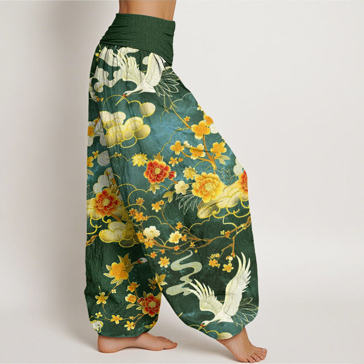 Buddha Stones、吉兆の雲、白鶴、赤花柄デザイン レディース ウエストゴム ハーレムパンツ - image 10