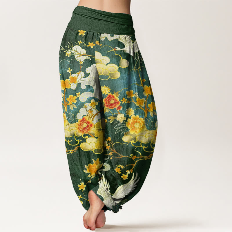 Buddha Stones、吉兆の雲、白鶴、赤花柄デザイン レディース ウエストゴム ハーレムパンツ - image 9
