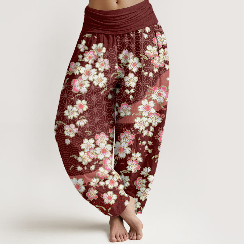 Buddha Stones、ピンクの桜、六芒星柄デザイン、レディース ウエストゴム ハーレムパンツ - ダークレッド - US22、 UK/AU26、 EU54 (6XL) - image 1