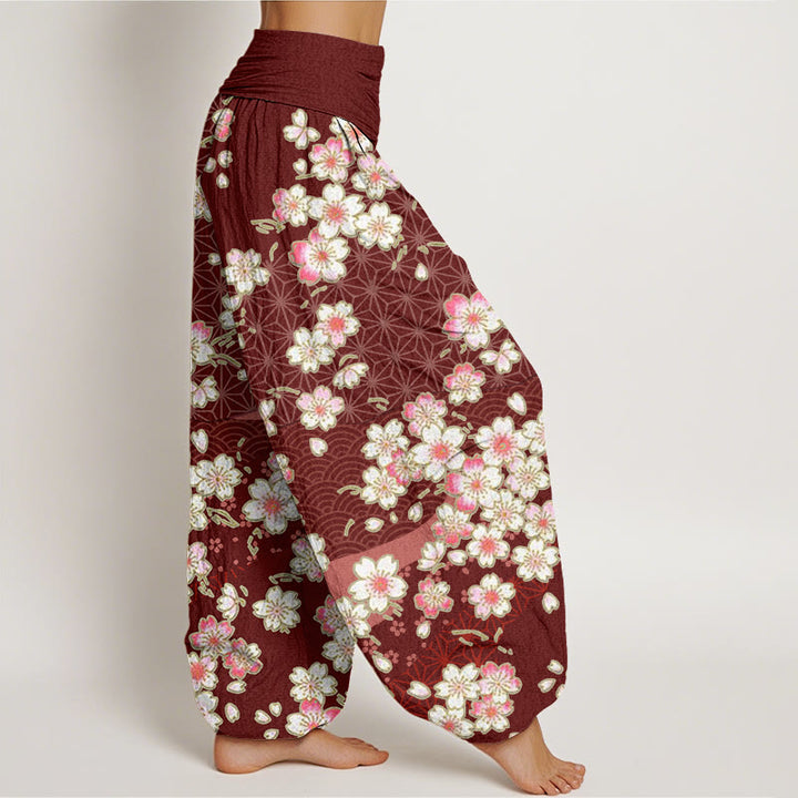 Buddha Stones、ピンクの桜、六芒星柄デザイン、レディース ウエストゴム ハーレムパンツ - image 3