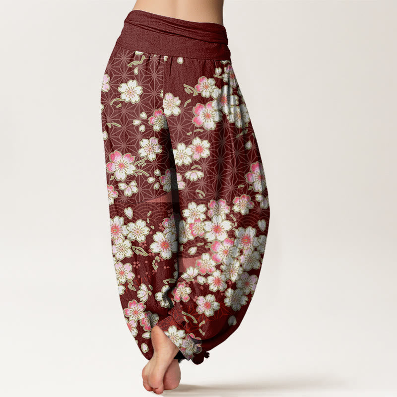 Buddha Stones、ピンクの桜、六芒星柄デザイン、レディース ウエストゴム ハーレムパンツ - image 2