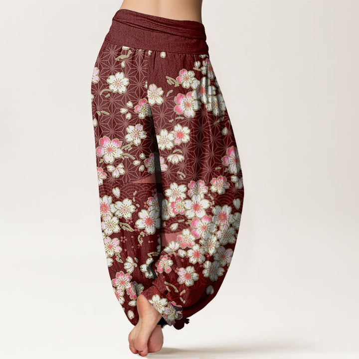 Buddha Stones、ピンクの桜、六芒星柄デザイン、レディース ウエストゴム ハーレムパンツ - image 2