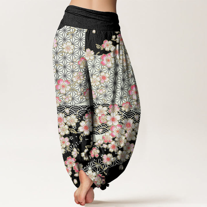 Buddha Stones、ピンクの桜、六芒星柄デザイン、レディース ウエストゴム ハーレムパンツ - image 6