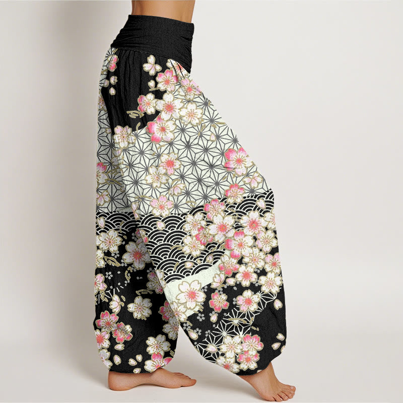 Buddha Stones、ピンクの桜、六芒星柄デザイン、レディース ウエストゴム ハーレムパンツ - image 7