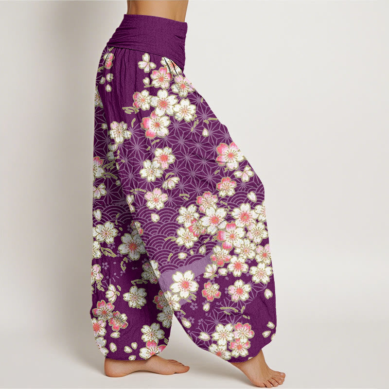 Buddha Stones、ピンクの桜、六芒星柄デザイン、レディース ウエストゴム ハーレムパンツ - image 10