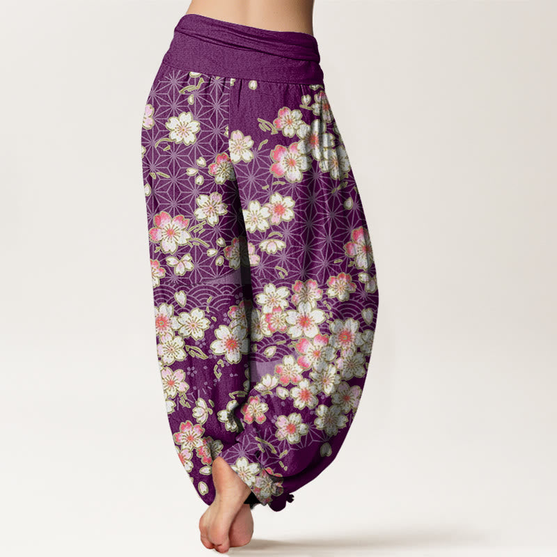 Buddha Stones、ピンクの桜、六芒星柄デザイン、レディース ウエストゴム ハーレムパンツ - image 9