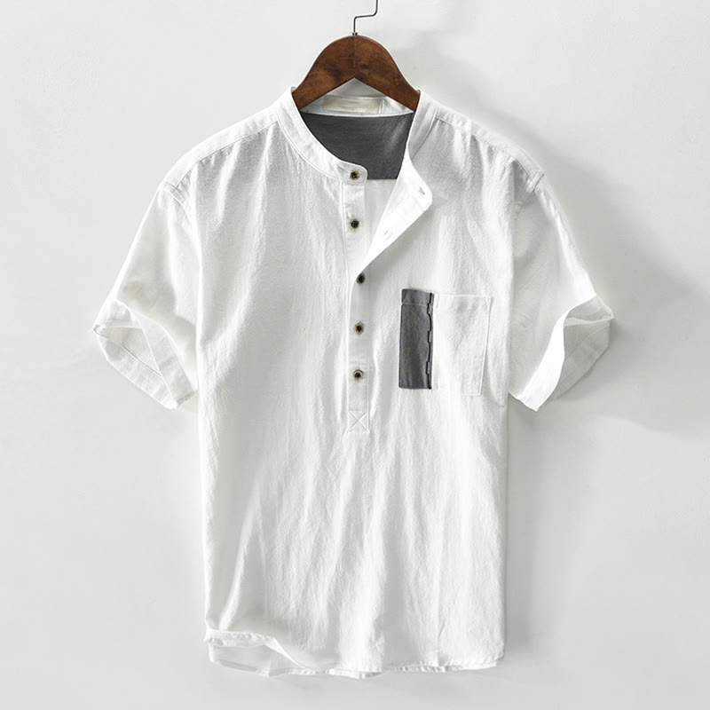Buddha Stonesカラーコントラスト ハーフボタン メンズ 半袖 コットンリネン シャツ ポケット付き - 白 - US/UK/AU42、 EU52 (3XL) - image 0