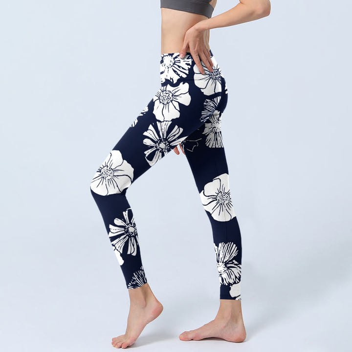 Buddha Stonesと大きな白い花びらの植物柄プリントのジムレギンス レディース ヨガパンツ - image 3