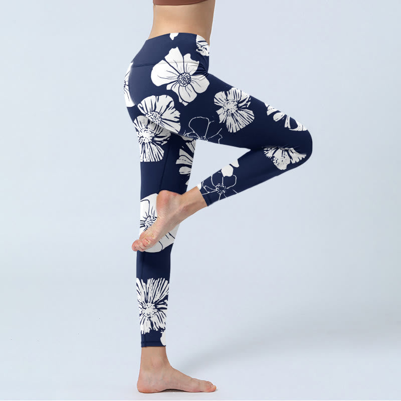 Buddha Stonesと大きな白い花びらの植物柄プリントのジムレギンス レディース ヨガパンツ - image 4
