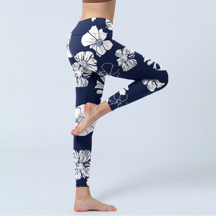 Buddha Stonesと大きな白い花びらの植物柄プリントのジムレギンス レディース ヨガパンツ - image 4