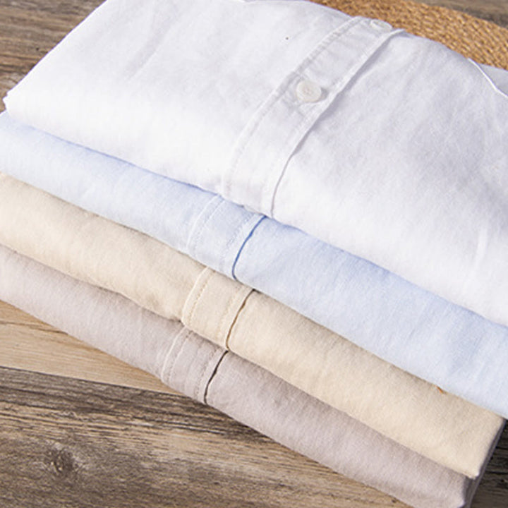 Buddha Stonesカジュアル デイリー シンプル ボタンデザイン スタンドカラー メンズ 半袖 コットンリネン シャツ フロントポケット付き - image 18