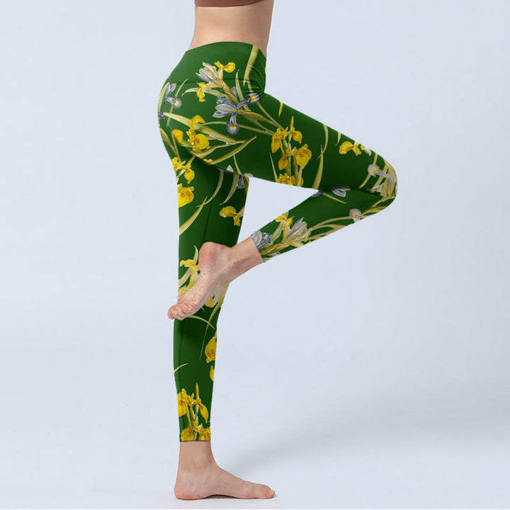 Buddha Stonesグリーン アイリス柄プリント ジムレギンス レディース ヨガパンツ - image 4