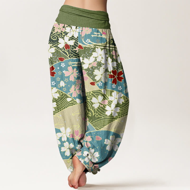 Buddha Stonesとカラフルな花の扇形模様デザインレディース伸縮性ウエストハーレムパンツ - image 2