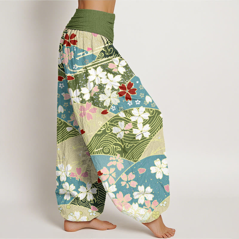 Buddha Stonesとカラフルな花の扇形模様デザインレディース伸縮性ウエストハーレムパンツ - image 3